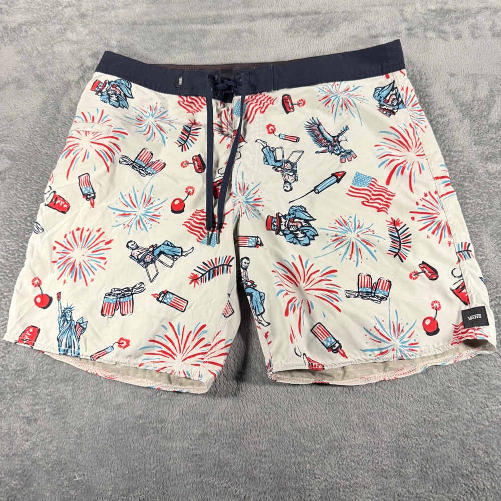 Vans Mens 34 Board Shorts Americana Fireworks Eagle‎ Patriotic Swim Trunks White